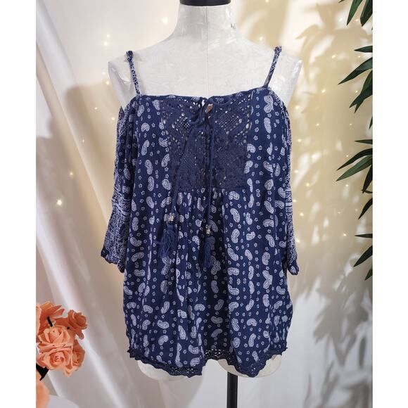 Angie Paisley Boho Off Shoulder Tassel Crochet Lace Top Womens Plus Size 2X Blue - Picture 1 of 10
